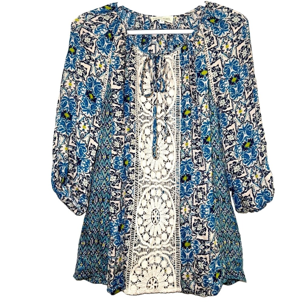 Lucy & Laurel Blue Boho Crochet Lace Rayon Peasant Blouse Tie Neck Women’s M